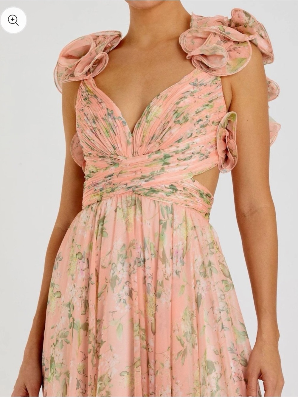Mac Duggal Blush Pink Floral Maxi Dress with Ruffled Shoulders - Picture 3 of 6